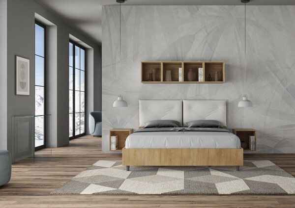Letto Matrimoniale 160x190 cm Senza Rete Struttura Quercia con Cuscini in Similpelle Egos Appia Bianco