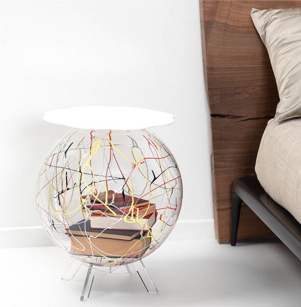 Tavolino, comodino contenitore. In plexiglass con ripiano in PMMA Dimensioni 40x40x h 46 cm, Corpo multicolor ripiano Bianco