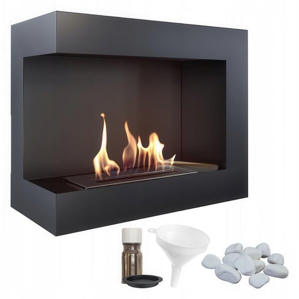 Camino Bioetanolo Delta 600 T�V Parete Angolo Sinistro Nero - Dimensioni 60x28x48 cm - Acciaio con Pietre Decorative