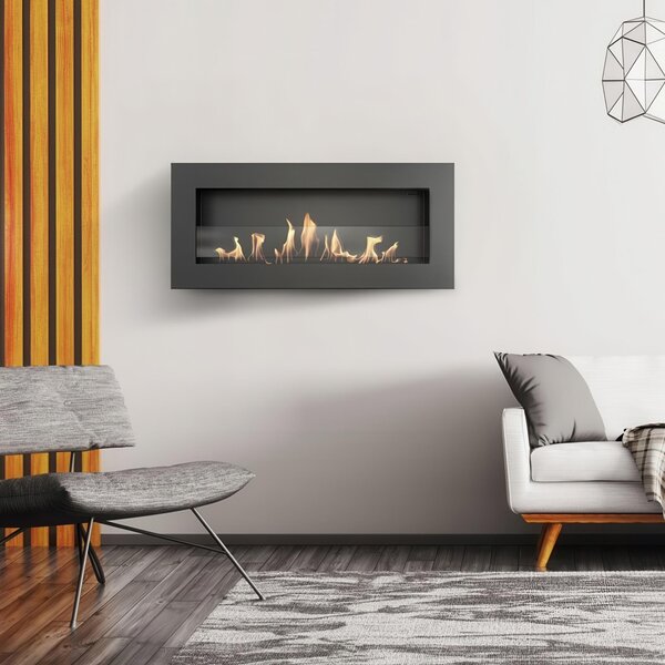 Camino a Bioetanolo da Parete DELTA SLIM T�V Nero con Vetro - Dimensioni 90x10.3x40 cm, Acciaio, Vetro Temperato