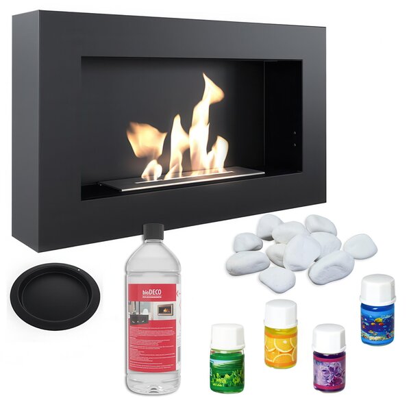 Biocamino Golf Flat da Parete in Acciaio Nero - Alimentazione BIOFUEL - Dimensioni 64.8x12x37.4 cm - Con Accessori e Vetro Temperato Opzionale