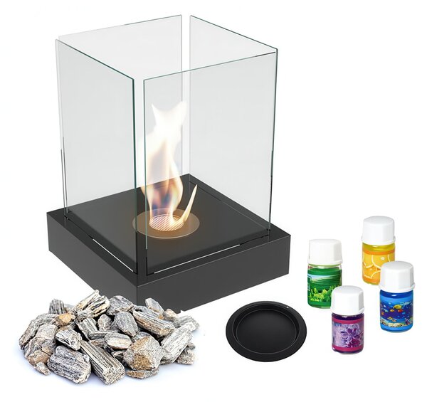 Biocamino TANGO4 Nero Indipendente con Set Aromaterapia e Pietre Decorative - Altezza 52,3 cm - Dimensioni 40x40 cm - Acciaio e Vetro Temperato - Ecologico e Portatile