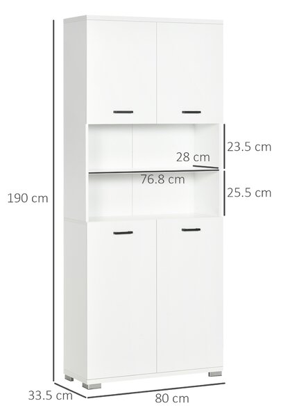 Kleankin Armadietto Bagno con 4 Ante, 2 Ripiani Aperti e Ripiani Interni Regolabili, in Legno, 80x33.5x190 cm, Bianco|Aosom
