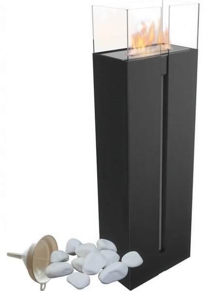 Camino Bioetanolo da Terra ROMEO T�V Nero con Kit Accessori - Acciaio e Vetro Temperato, Dimensioni 35.9x20.9x113.6 cm