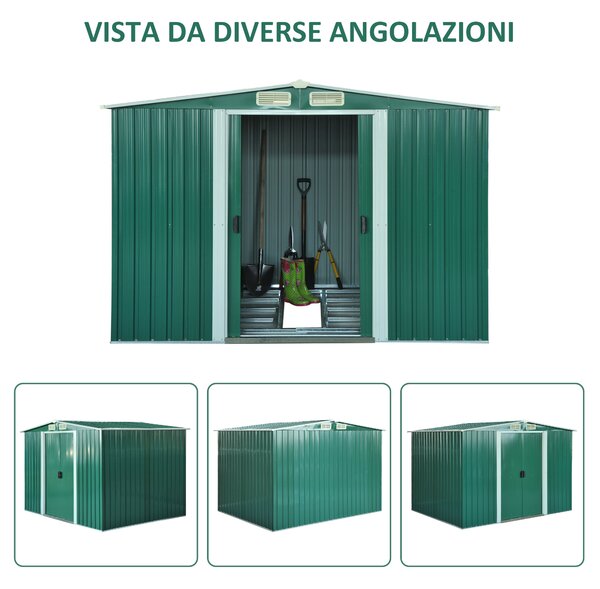 Outsunny Capanno da Giardino Con 2 prese d'aria e Porte Scorrevoli, Casetta porta attrezzi in Acciaio, 258x206x178cm, Verde | Aosom Italy
