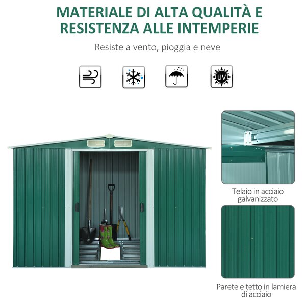 Outsunny Capanno da Giardino Con 2 prese d'aria e Porte Scorrevoli, Casetta porta attrezzi in Acciaio, 258x206x178cm, Verde | Aosom Italy