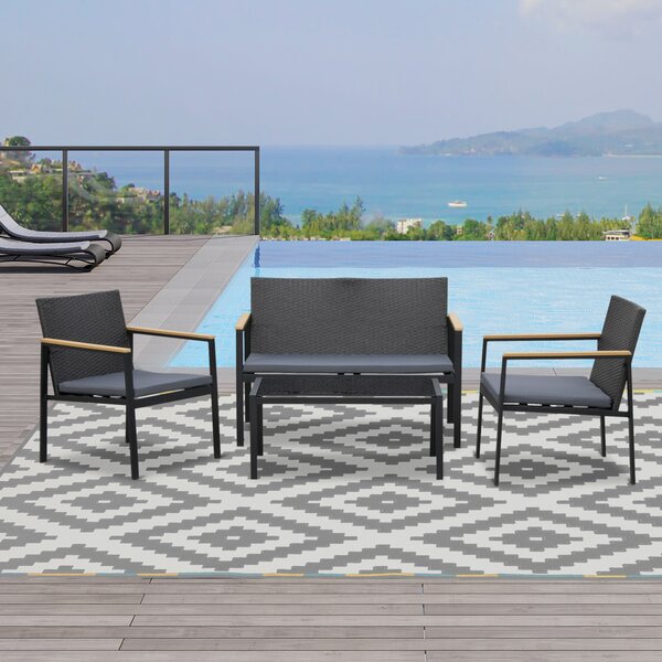 Outsunny Set 4 Pezzi Salotto da Esterni con 2 Sedie, Divano e Tavolino | Mobili da Giardino in Rattan e Acciaio Nero|Aosom