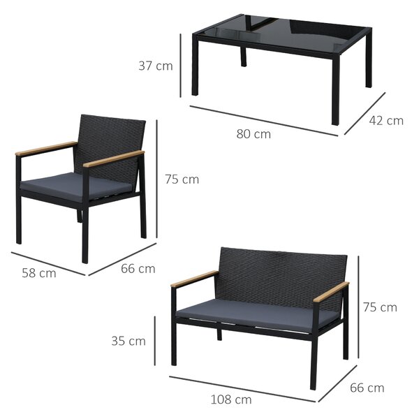 Outsunny Set 4 Pezzi Salotto da Esterni con 2 Sedie, Divano e Tavolino | Mobili da Giardino in Rattan e Acciaio Nero|Aosom