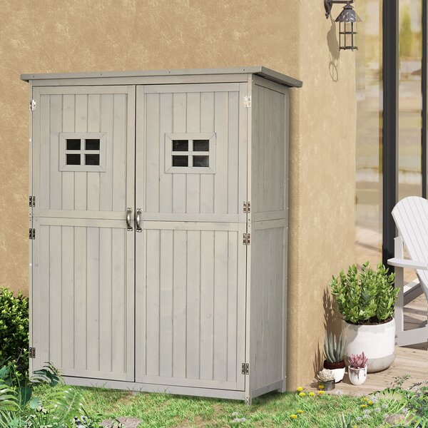 Outsunny Casetta da Giardino con Porta Doppia e Tetto inclinato, Mensole e Finestre, in Legno, 127.5x50x164cm, Grigio chiaro | Aosom Italy