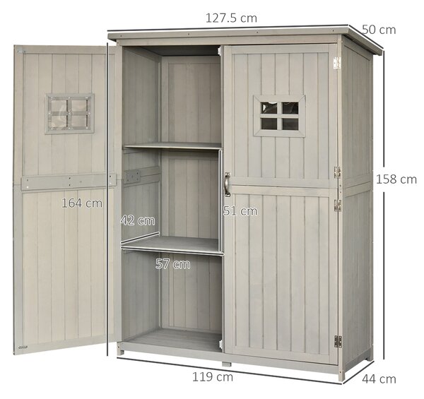 Outsunny Casetta da Giardino con Porta Doppia e Tetto inclinato, Mensole e Finestre, in Legno, 127.5x50x164cm, Grigio chiaro | Aosom Italy