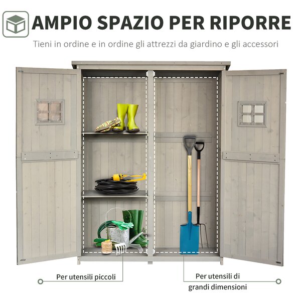 Outsunny Casetta da Giardino con Porta Doppia e Tetto inclinato, Mensole e Finestre, in Legno, 127.5x50x164cm, Grigio chiaro | Aosom Italy