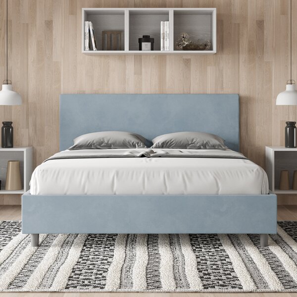 Letto Matrimoniale 160x190 cm con Rete e Contenitore Giroletto con Alzata Comoda Imbottito in Microfibra Adele Azzurro
