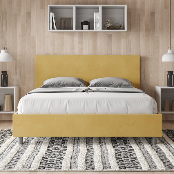 Letto Matrimoniale 160x190 cm con Rete e Contenitore Giroletto con Alzata Comoda Imbottito in Microfibra Adele Ocra