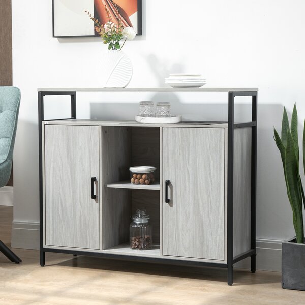 HOMCOM Credenza Moderna in Legno con 2 Armadietti e Ripiani, Mobile Cucina e per Ingresso Grigio Chiaro, 100x34x87.2cm|Aosom