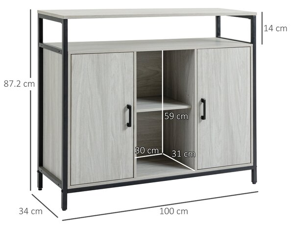 HOMCOM Credenza Moderna in Legno con 2 Armadietti e Ripiani, Mobile Cucina e per Ingresso Grigio Chiaro, 100x34x87.2cm|Aosom