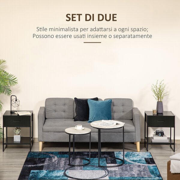 HOMCOM Comodino Moderno Set 2 Pezzi con Cassetto e Ripiano Aperto per Camera da Letto e Soggiorno, in MDF e Acciaio, 45x40x60cm, Nero|Aosom