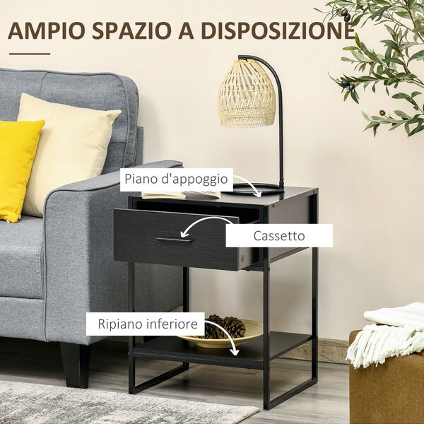 HOMCOM Comodino Moderno Set 2 Pezzi con Cassetto e Ripiano Aperto per Camera da Letto e Soggiorno, in MDF e Acciaio, 45x40x60cm, Nero|Aosom