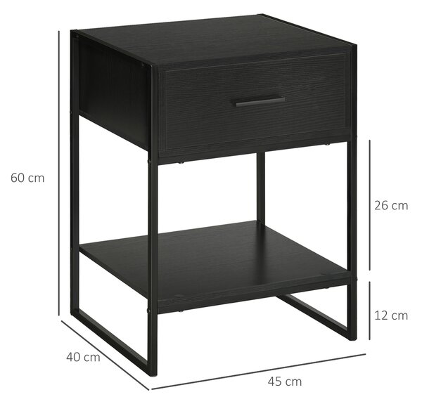 HOMCOM Comodino Moderno Set 2 Pezzi con Cassetto e Ripiano Aperto per Camera da Letto e Soggiorno, in MDF e Acciaio, 45x40x60cm, Nero|Aosom