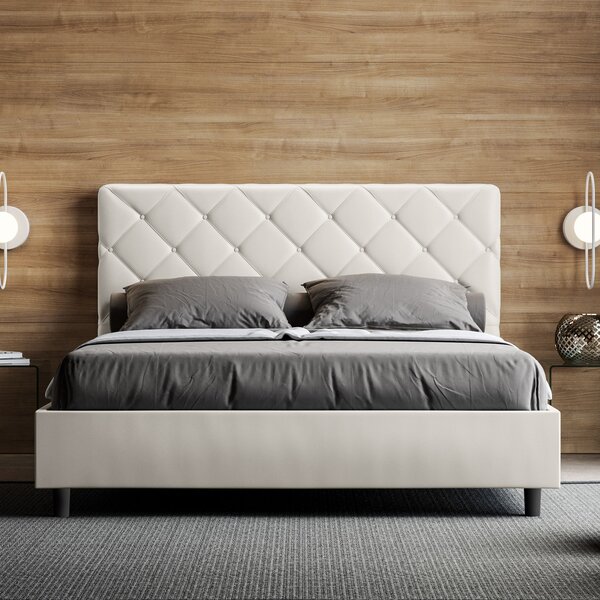 Letto Matrimoniale 160x190 cm con Rete e Contenitore con Testata e Alzata Comoda Imbottito in Similpelle Priya Bianco