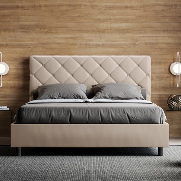 Letto Matrimoniale 160x190 cm con Rete e Contenitore con Testata e Alzata Comoda Imbottito in Similpelle Priya Tortora