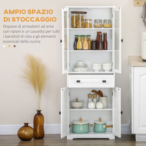 HOMCOM Credenza da Cucina Alta con 2 Armadietti e Cassetto, Ante a Vetri e Ripiani Regolabili, 60x30x160cm, Bianco