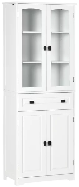 HOMCOM Credenza da Cucina Alta con 2 Armadietti e Cassetto, Ante a Vetri e Ripiani Regolabili, 60x30x160cm, Bianco