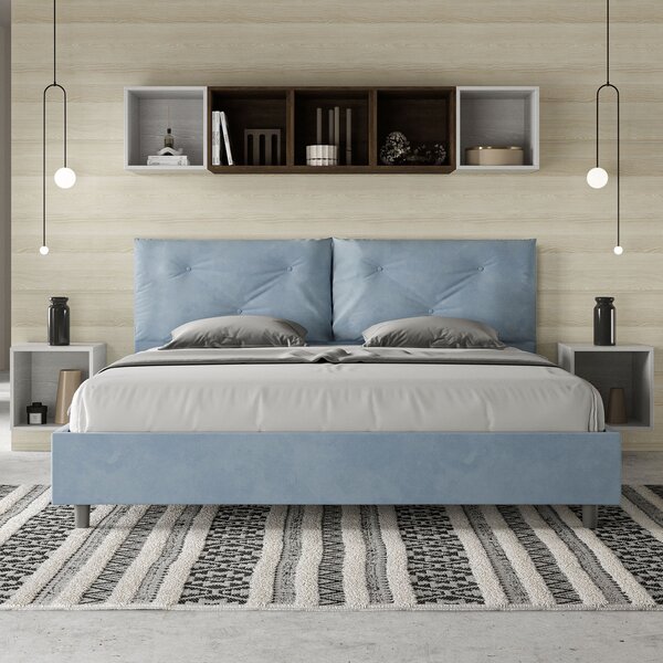 Letto Matrimoniale Queen Size 150x190 cm Senza Rete Imbottito in Microfibra Appia Large Azzurro