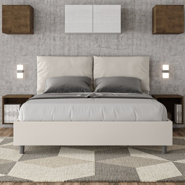 Letto Matrimoniale 160x190 cm con Rete e Contenitore con Alzata Comoda Imbottito in Similpelle Antea Bianco