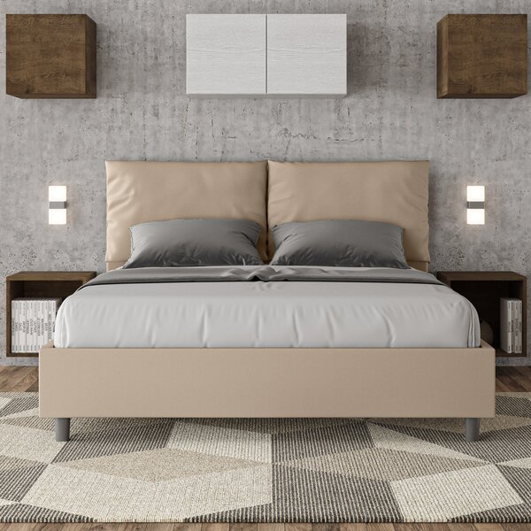 Letto Matrimoniale 160x190 cm con Rete e Contenitore con Alzata Comoda Imbottito in Similpelle Antea Tortora