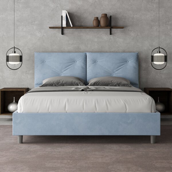 Letto Matrimoniale 160x190 cm con Rete e Contenitore Giroletto con Alzata Comoda Imbottito in Microfibra Appia Azzurro