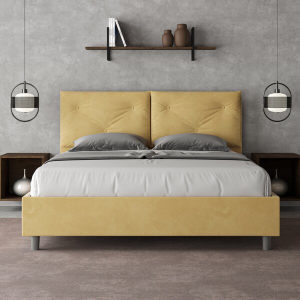 Letto Matrimoniale 160x190 cm con Rete e Contenitore Giroletto con Alzata Comoda Imbottito in Microfibra Appia Ocra