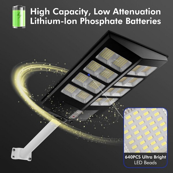 Lampione stradale Led 200W Nero con pannello solare IP66 Bianco freddo 6500K con sensore crepuscolare e di movimento Wisdom