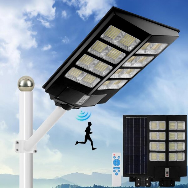 Lampione stradale Led 200W Nero con pannello solare IP66 Bianco freddo 6500K con sensore crepuscolare e di movimento Wisdom