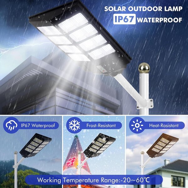 Lampione stradale Led 200W Nero con pannello solare IP66 Bianco freddo 6500K con sensore crepuscolare e di movimento Wisdom