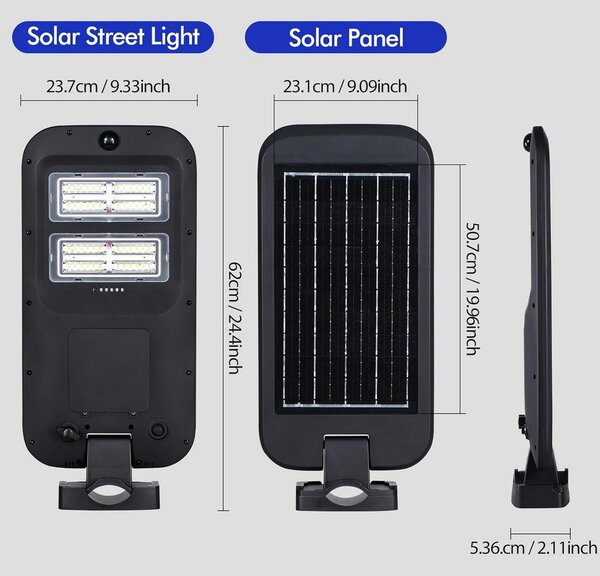 Lampione stradale Led 100W Nero con pannello solare IP66 Bianco freddo 6500K con sensore crepuscolare e di movimento confezione da 2pz Wisdom