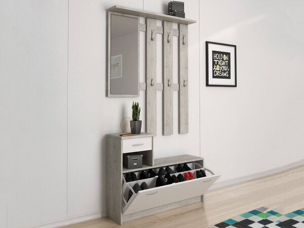Mobile ingresso sospeso con scarpiera bianco e cemento 100x190h cm - Garolfo