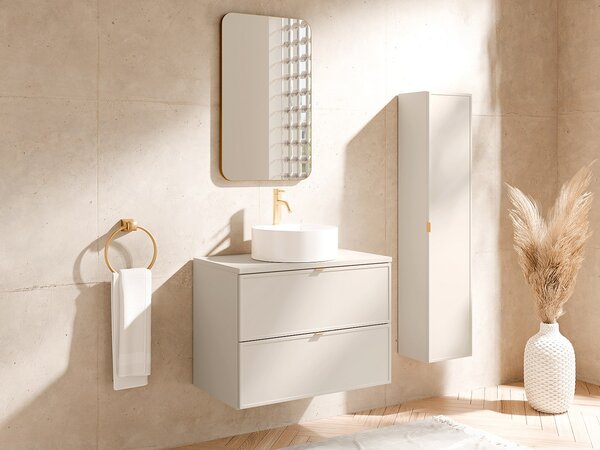 Mobile bagno sospeso con lavabo da appoggio rotondo e colonna Beige 80 cm - ONDIL