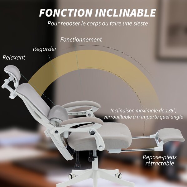 HOMCOM Sedia da ufficio ergonomica reclinabile in rete con poggiatesta regolabile, grigio | Aosom Italy