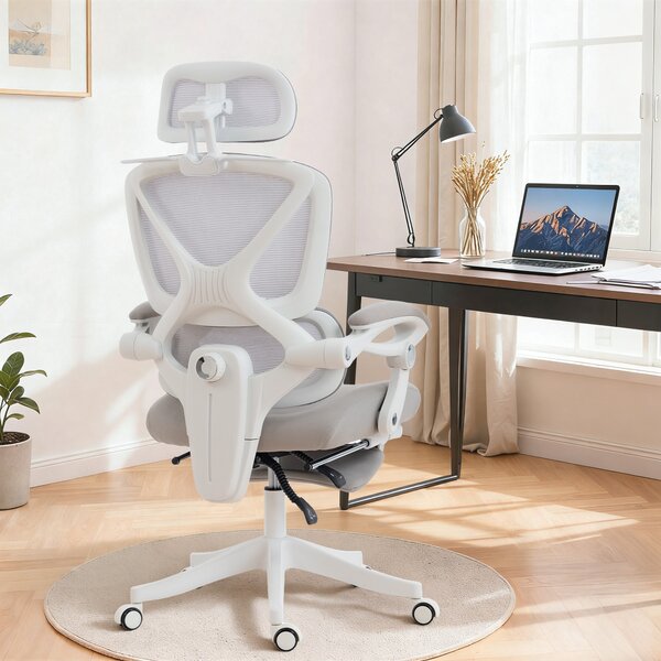 HOMCOM Sedia da ufficio ergonomica reclinabile in rete con poggiatesta regolabile, grigio | Aosom Italy