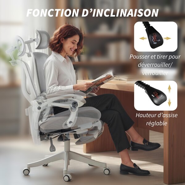 HOMCOM Sedia da ufficio ergonomica reclinabile in rete con poggiatesta regolabile, grigio | Aosom Italy
