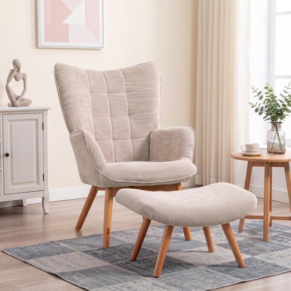 HOMCOM Poltrona Relax con Pouf Poggiapiedi in Velluto a Costine con Schienale Alto e Braccioli, Beige