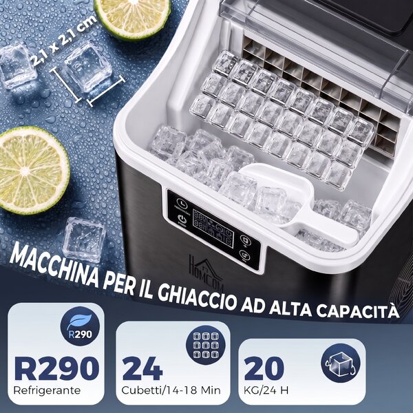 HOMCOM Macchina per Ghiaccio 20kg in 24 Ore, 24 Cubetti in 14-18 Minuti e Sistema Autopulente, Nero | Aosom Italy