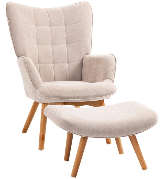 HOMCOM Poltrona Relax con Pouf Poggiapiedi in Velluto a Costine con Schienale Alto e Braccioli, Beige