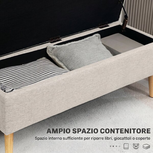 HOMCOM Cassapanca Contenitore 110x39x45 cm in Tessuto Effetto Lino, Gambe in Legno di Caucciù, Capacità 220 kg, Beige | Aosom Italy