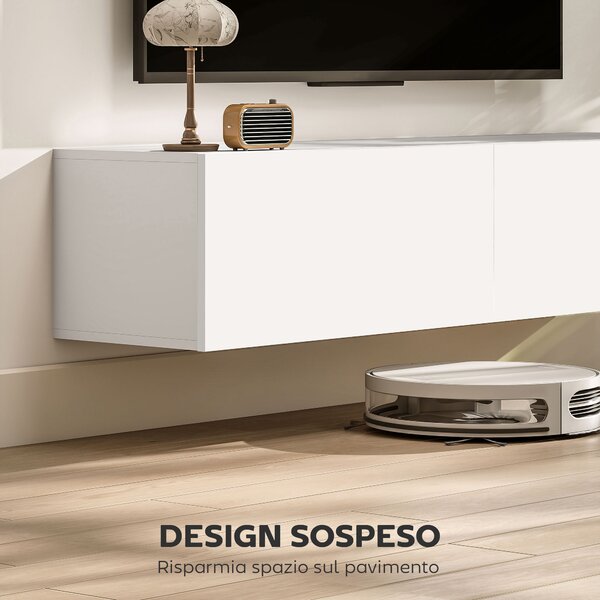 HOMCOM Mobile TV Sospeso per Televisori da 45"-55"-65" con 2 Armadietti e Ante a Ribalta, 140x33x29.8 cm, Bianco | Aosom Italy