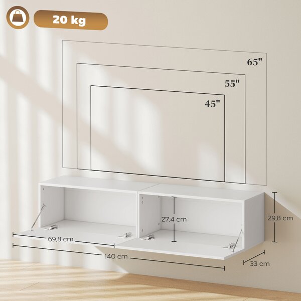 HOMCOM Mobile TV Sospeso per Televisori da 45"-55"-65" con 2 Armadietti e Ante a Ribalta, 140x33x29.8 cm, Bianco | Aosom Italy