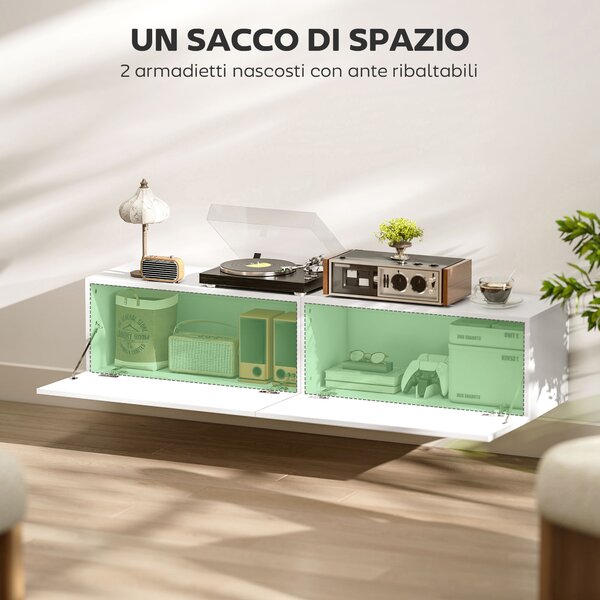 HOMCOM Mobile TV Sospeso per Televisori da 45"-55"-65" con 2 Armadietti e Ante a Ribalta, 140x33x29.8 cm, Bianco | Aosom Italy