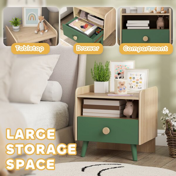 AIYAPLAY Comodino con Cassetto per Bambini 3-10 Anni in Legno e Legno di Pino, 40x32.5x40 cm, Verde | Aosom Italy