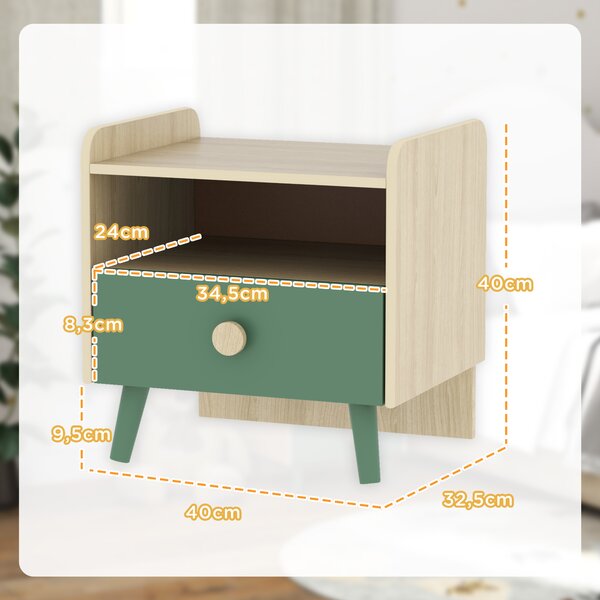AIYAPLAY Comodino con Cassetto per Bambini 3-10 Anni in Legno e Legno di Pino, 40x32.5x40 cm, Verde | Aosom Italy