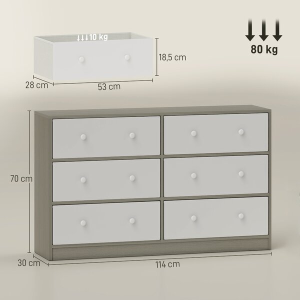 HOMCOM Cassettiera 6 Cassetti Pieghevoli con Maniglie Doppie, in Legno, Acciaio e Tessuto, 114x30x70 cm, Bianco e Grigio | Aosom Italy